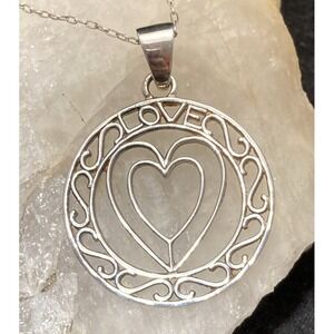 Vintage RJ Sterling Silver 925 Love‎ Heart Cut Out Pendant 20'' Necklace 3.3g